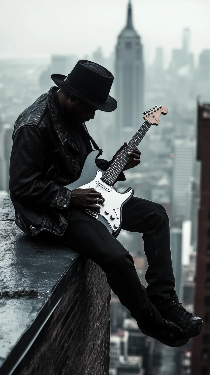 Blues guitarist on city rooftop with glowing white guitar