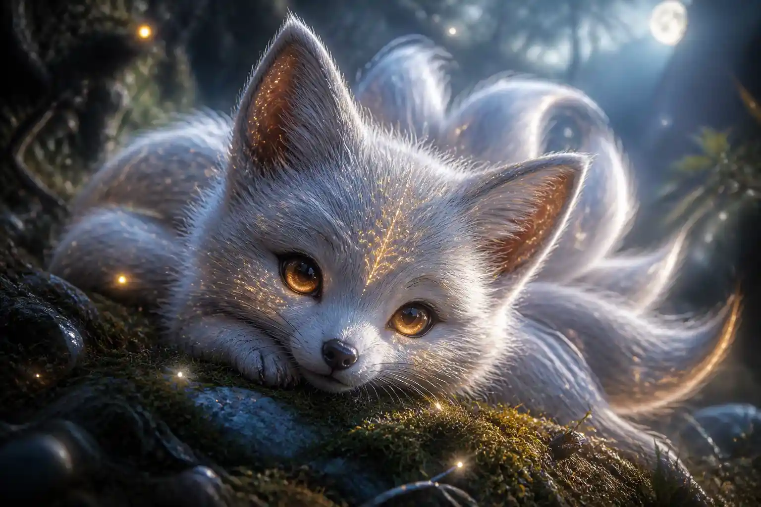 Baby fox spirit resting on moss in moonlit forest