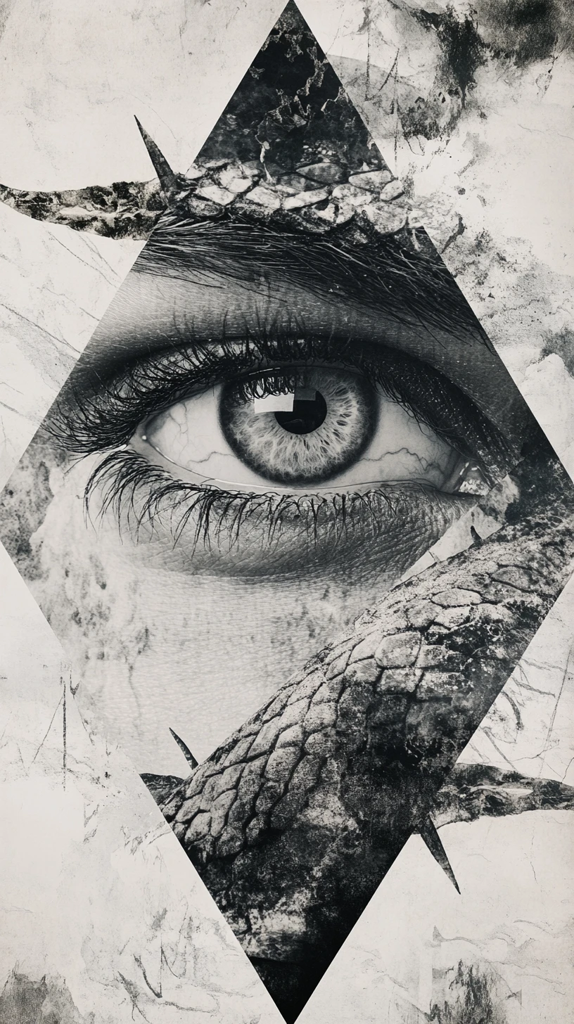 Surreal dragon eye emerging from abstract illusion collage
