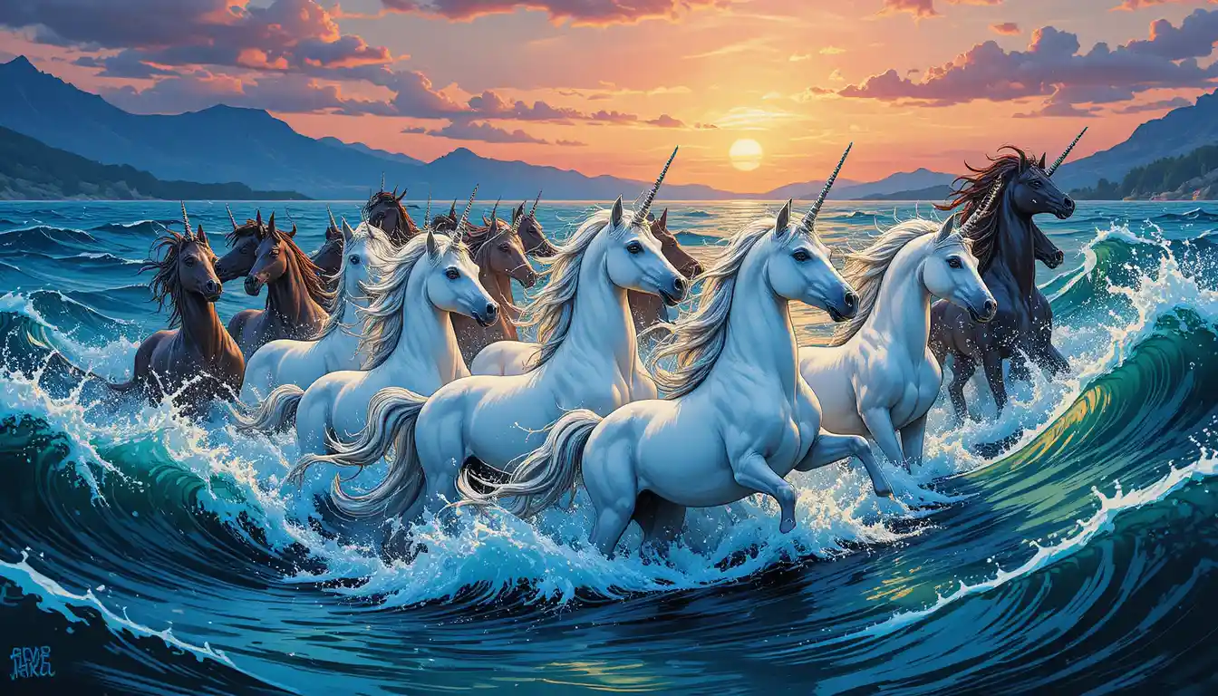 Galloping unicorn herd across glowing sunset ocean waves
