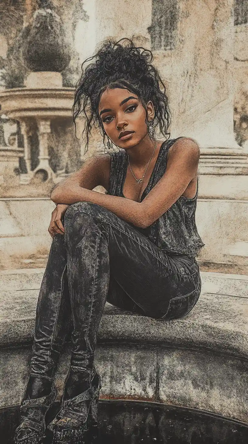Young black woman by a stone fountain in floral dress