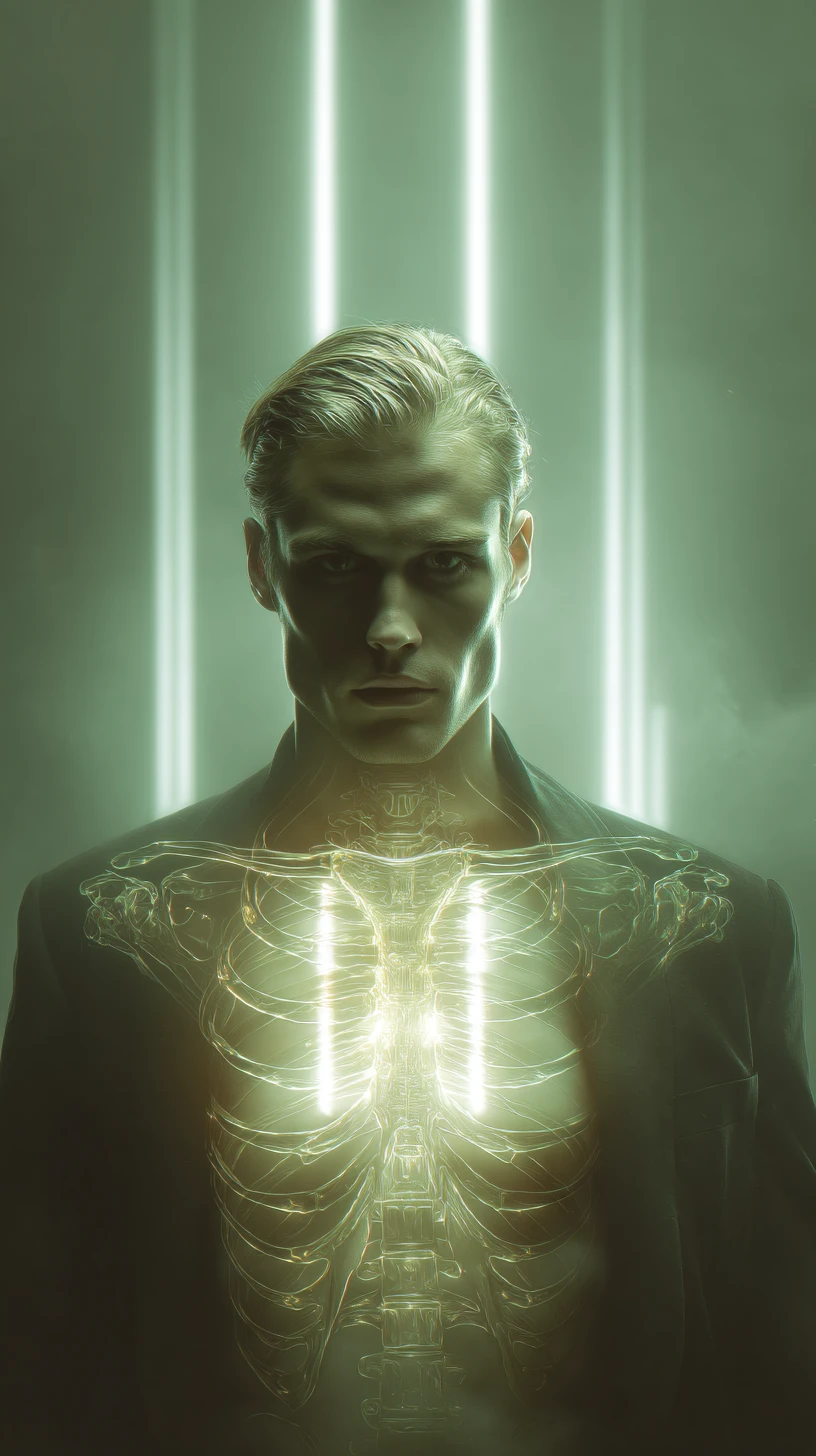 Mystical man with glowing chest skeleton in cinematic portrait