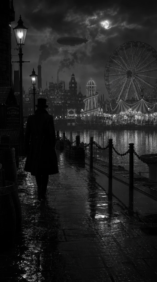 Surreal rainy steampunk fairground city at night