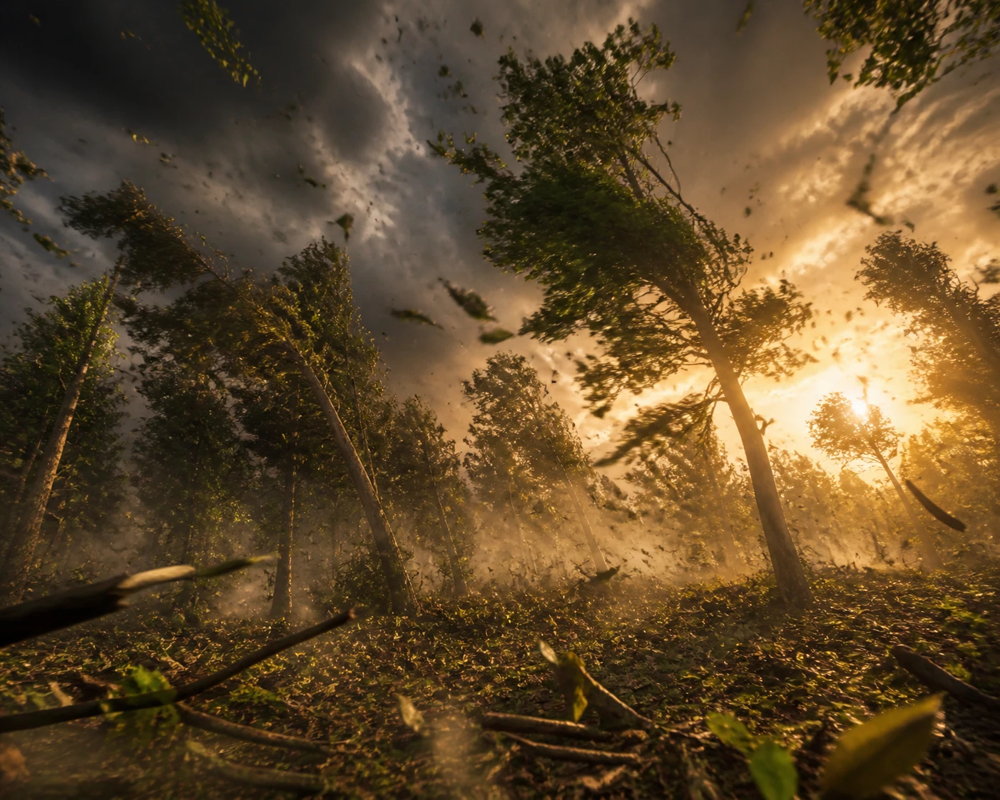 Escena de tormenta en el suelo del bosque con luz dorada del atardecer