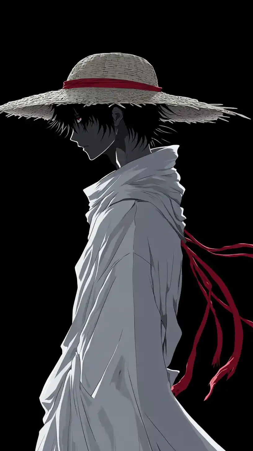 Silhouetted anime man in straw hat against black background