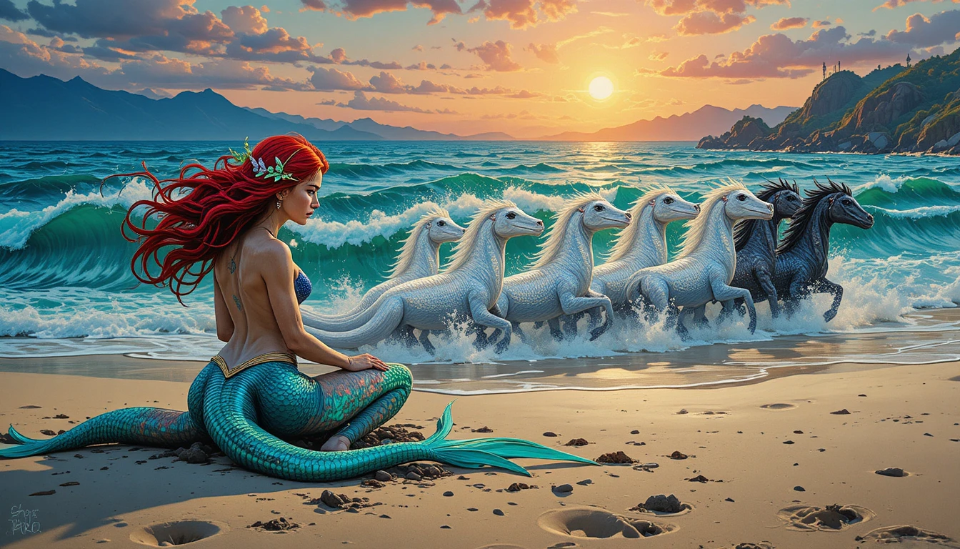 Red haired mermaid sitting alone on a quiet beach