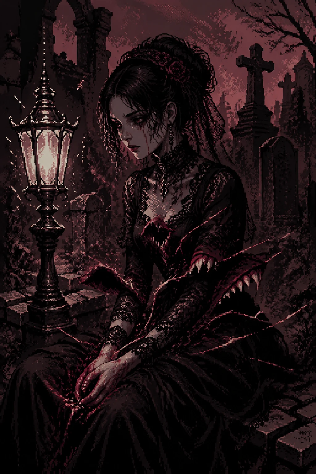 Gothic woman in lace dress in a crumbling graveyard