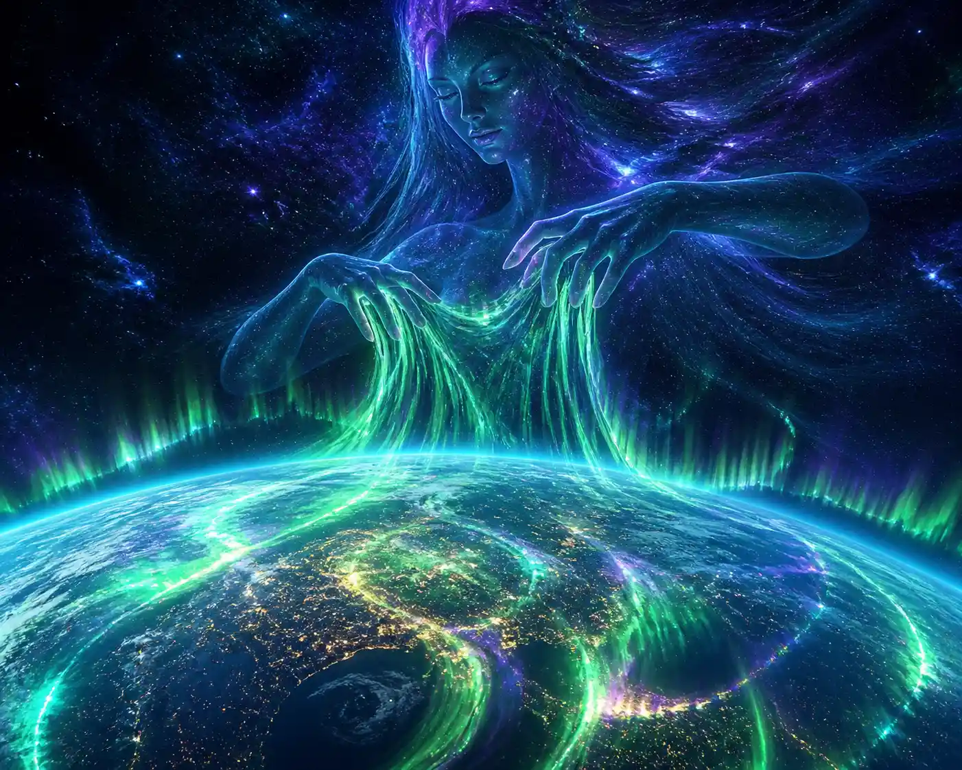 Ethereal cosmic woman weaving aurora above planet Earth