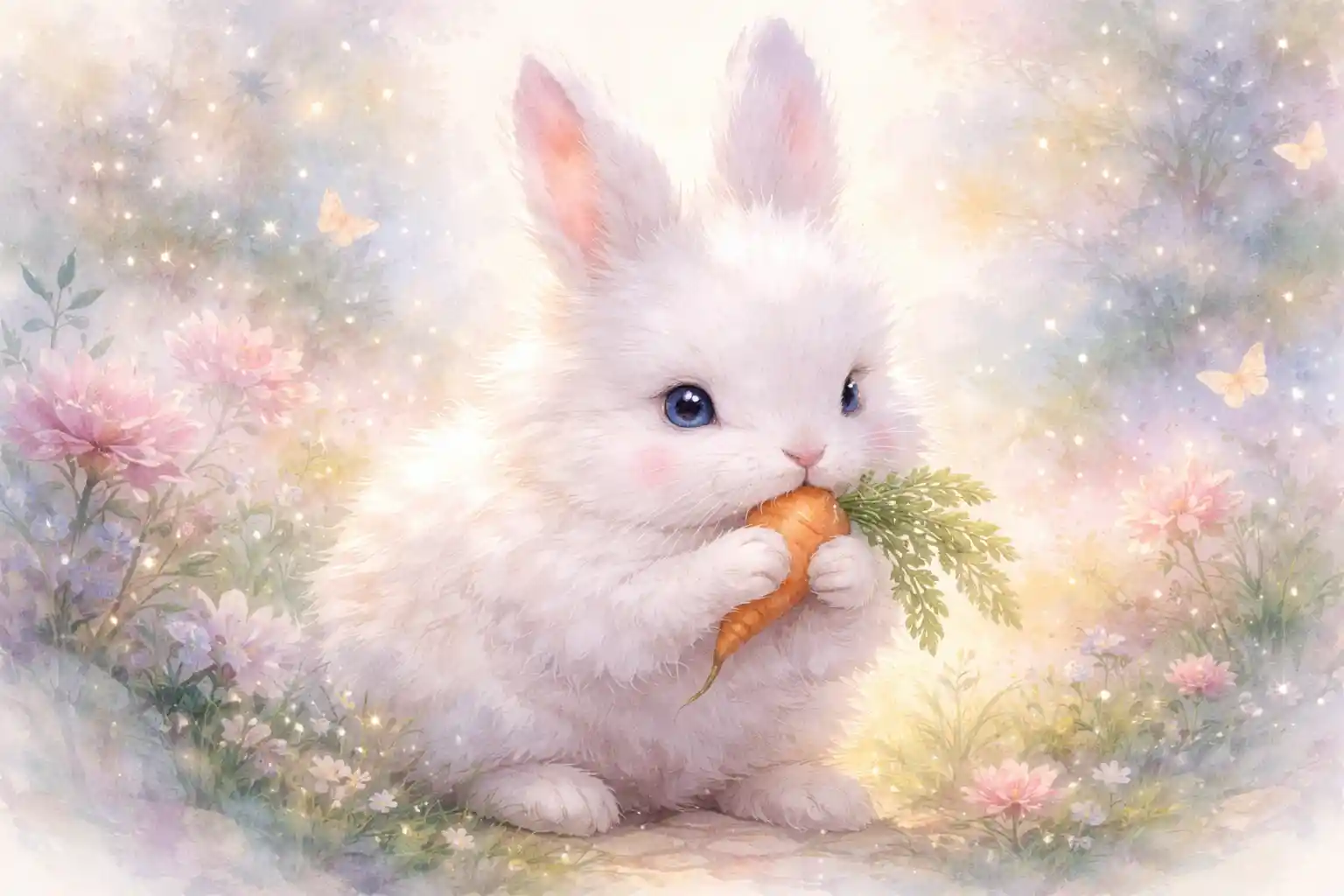 Watercolor baby rabbit nibbling a carrot in soft spring garden