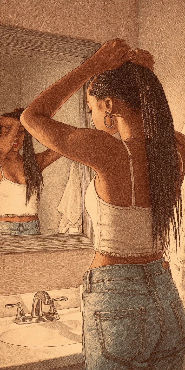 Young woman adjusting box braids before a bathroom mirror