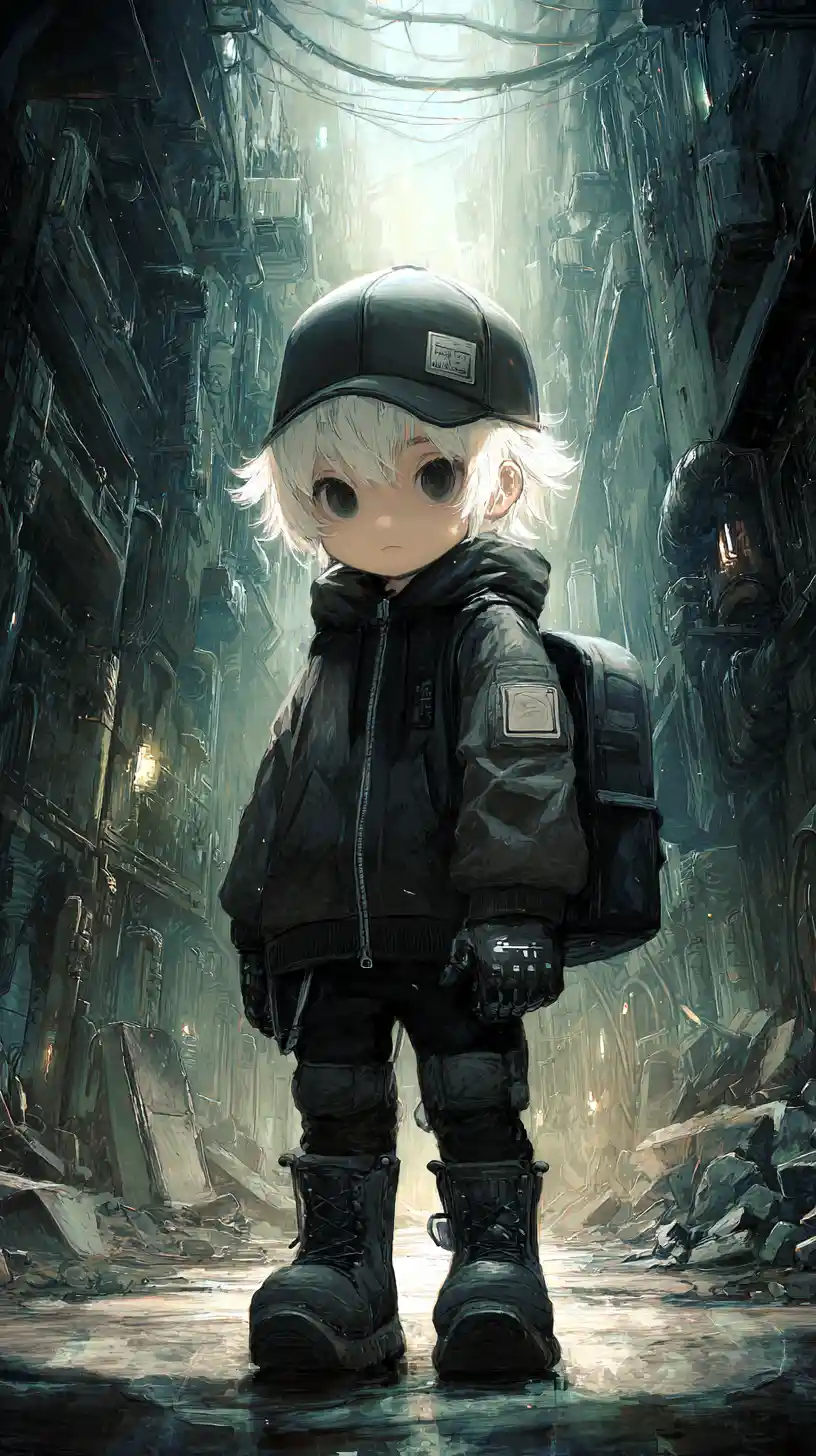 Anime boy in tactical gear walking through dark urban alley