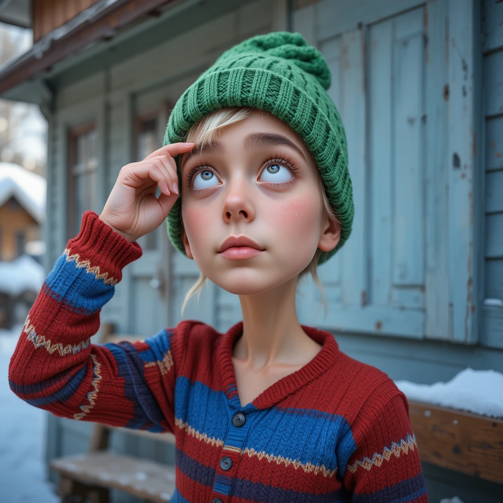 Playful blond boy in winter clothes covering his eyes
