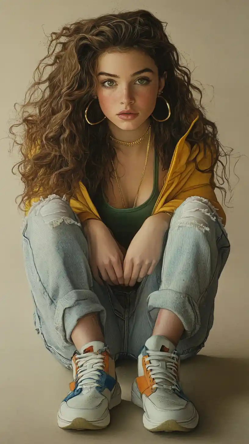 Seated woman with voluminous curly hair in casual streetwear