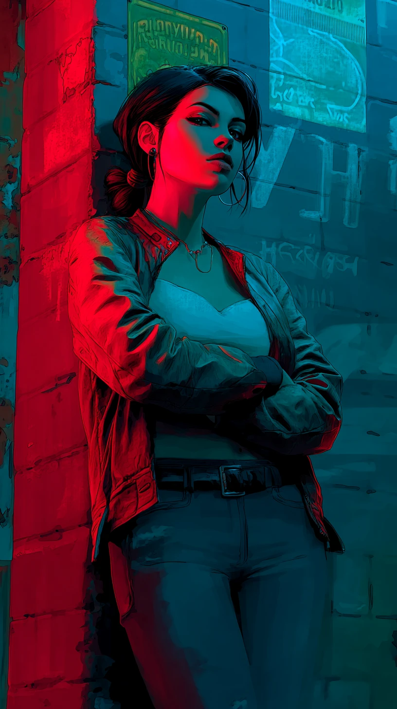 Confident woman leaning against a wall in neon city night