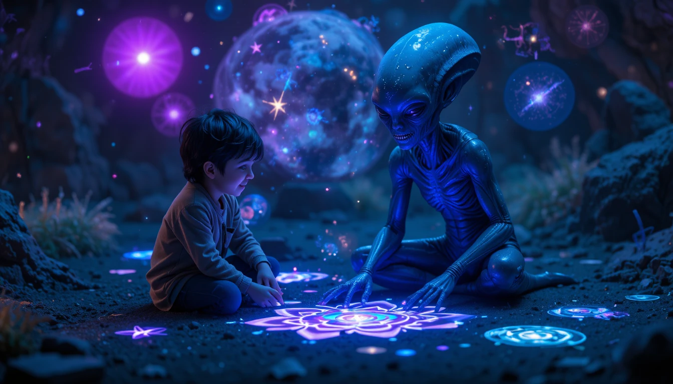 Boy and alien drawing shapes under glowing holographic stars