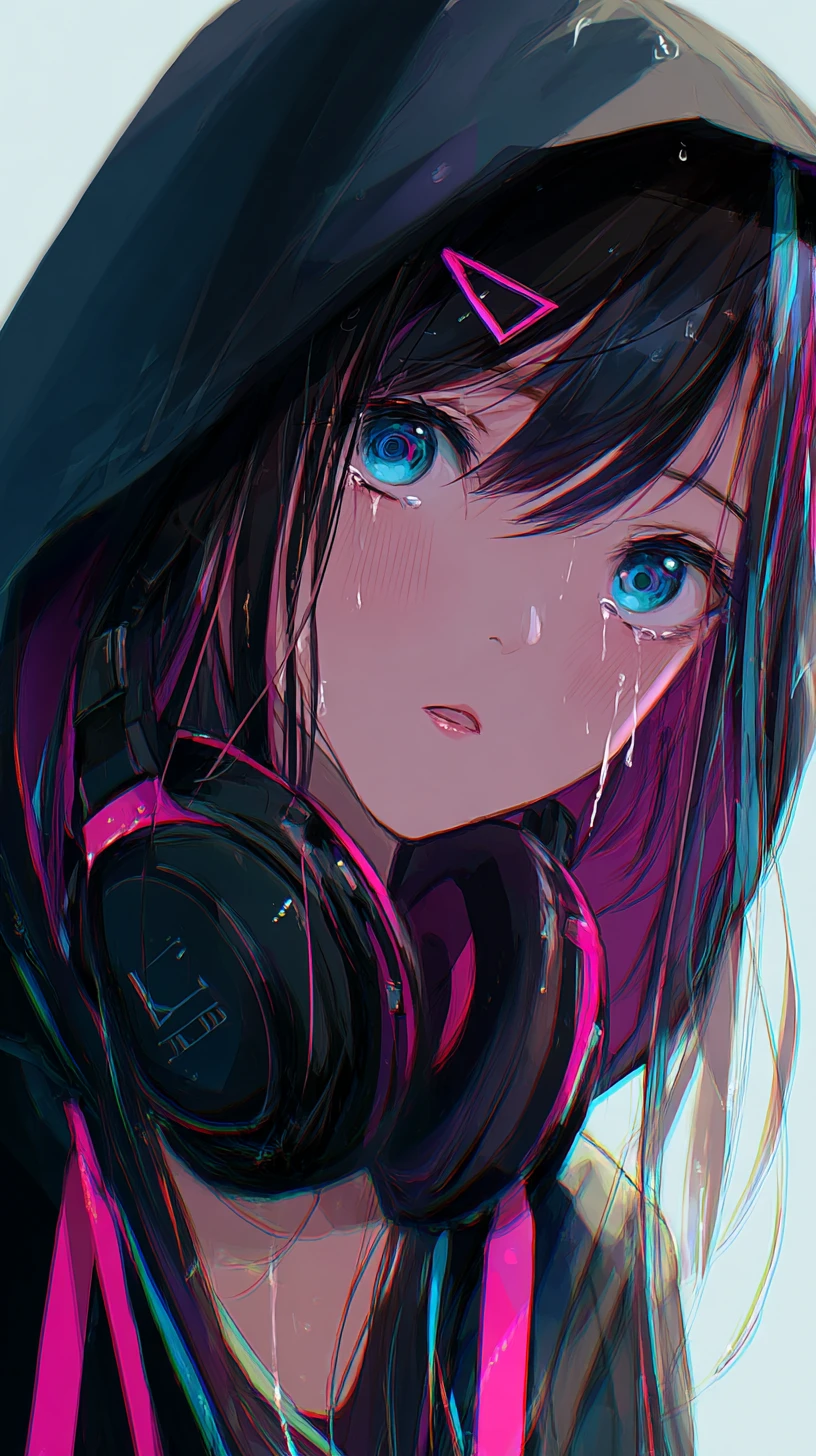 涙を浮かべたヘッドホン少女の劇的なアニメ近接ポートレート