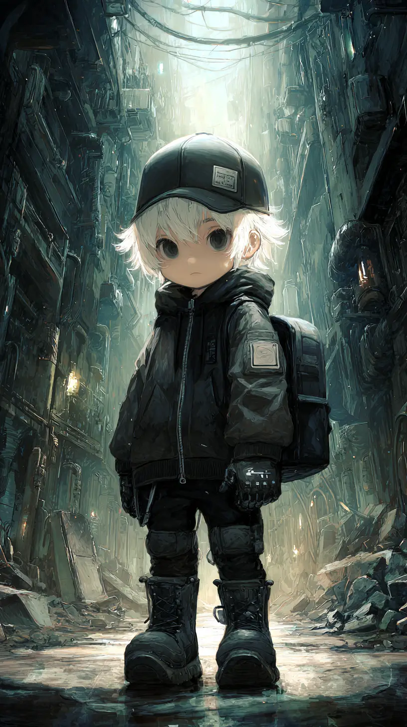 Garçon d’anime en tenue tactique dans une ruelle urbaine sombre