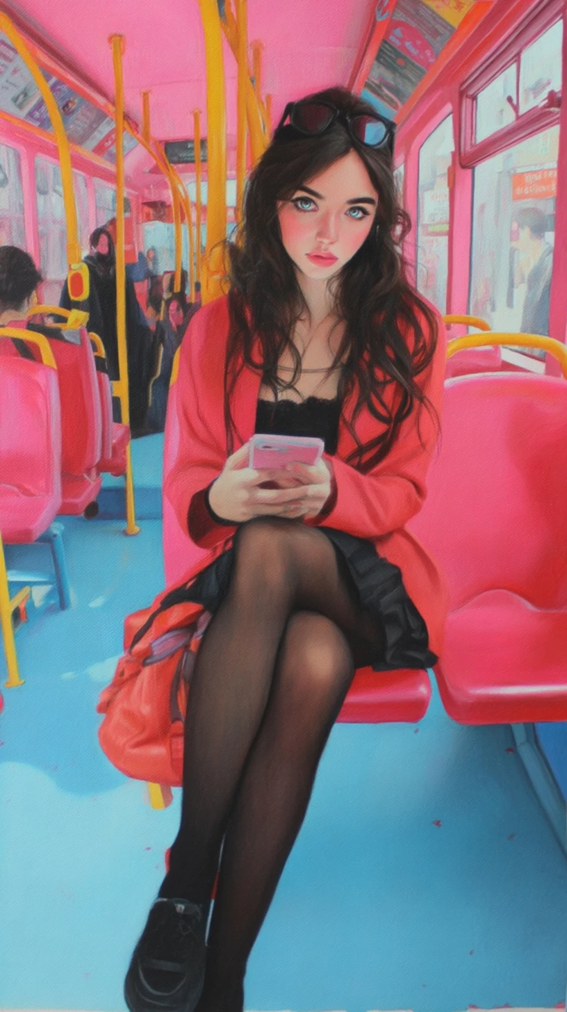 Woman on a morning bus gazing at camera with smartphone