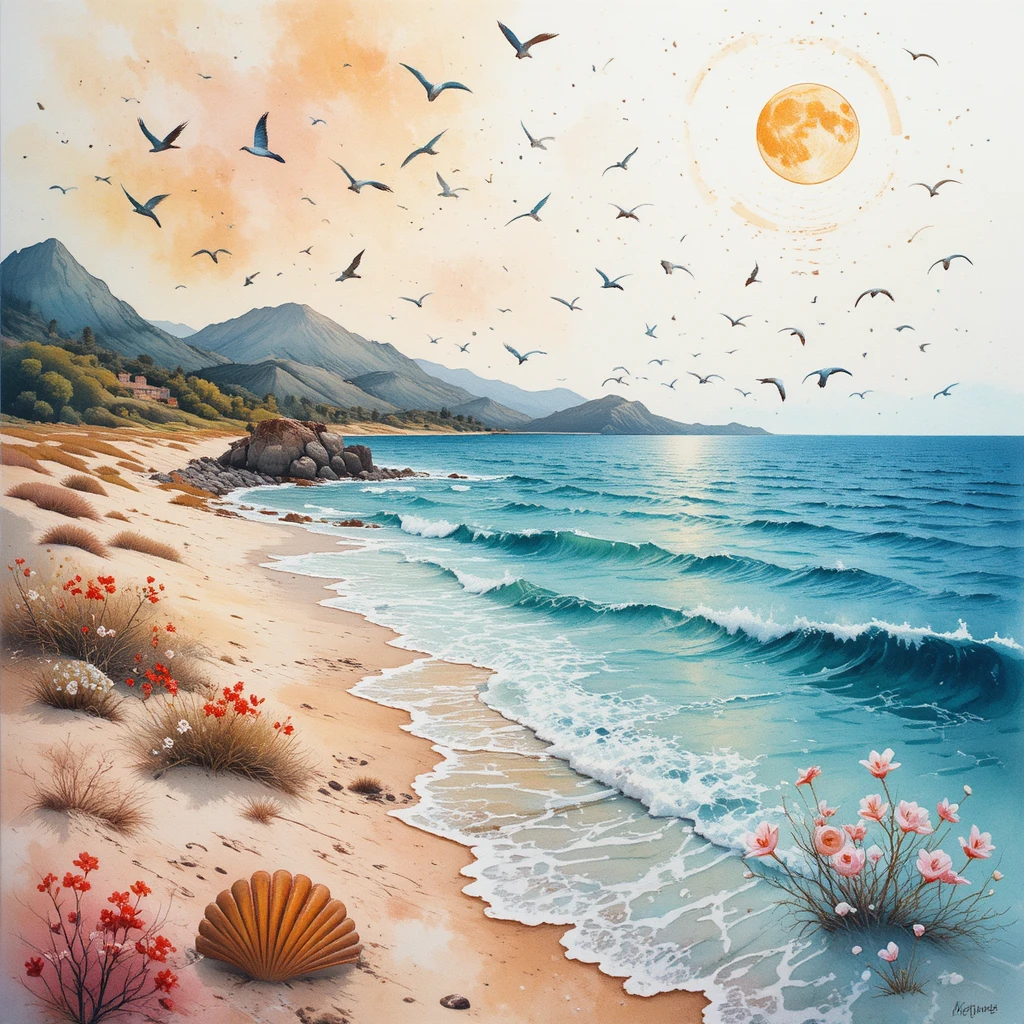 Melancholic watercolor dreamscape of birds leaving at dawn