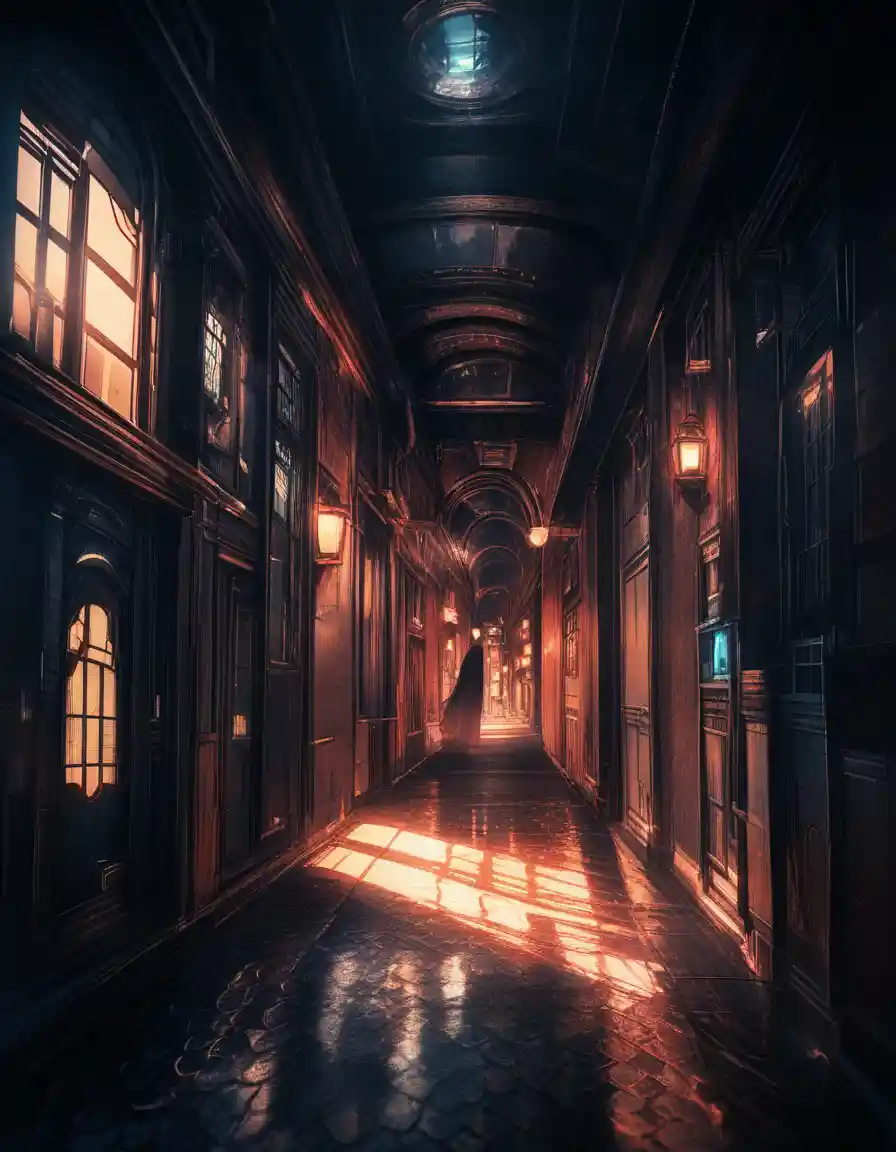 Eerie first person view down a quiet home hallway
