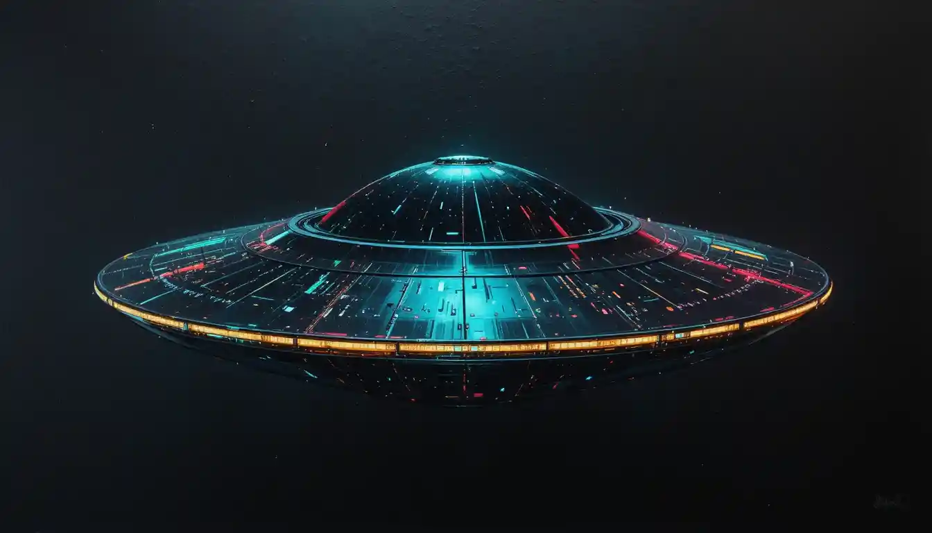 Neon lit retro futuristic ufo hovering in deep black space