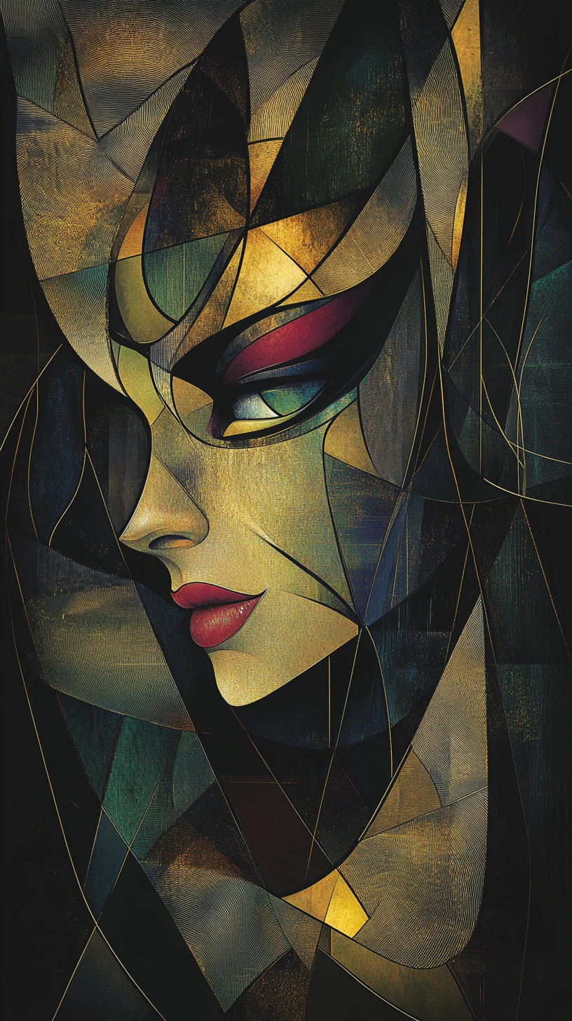 Surreal feline avian face with glowing eyes and gold details