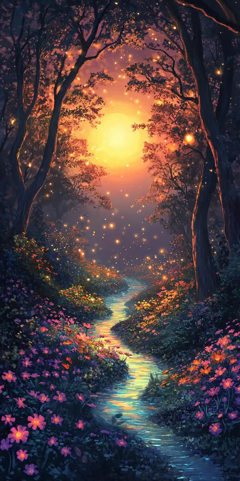 Glowing Wildflower Field And Luminous River At Twilight