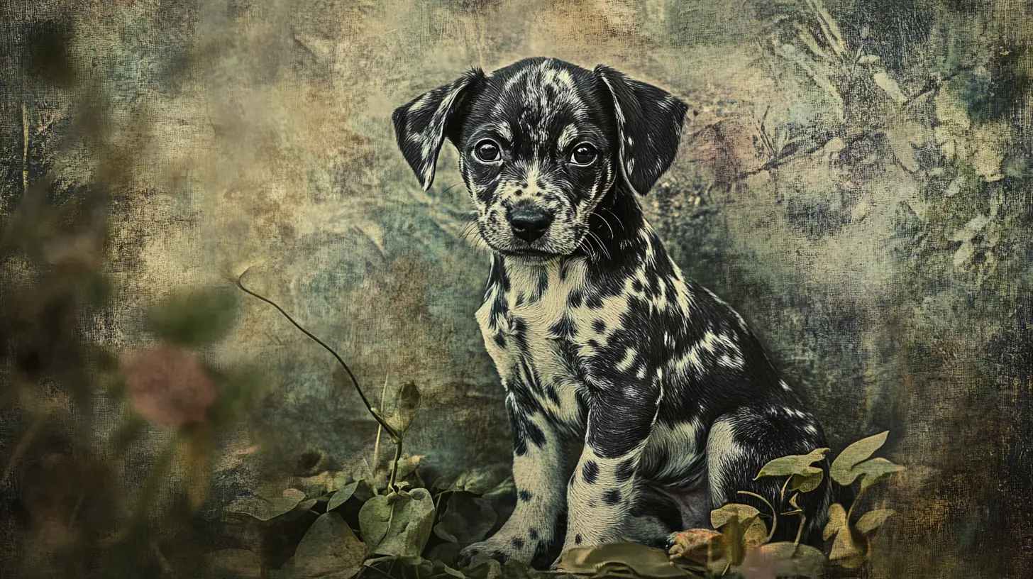 Whimsical gothic puppy sitting among muted lush foliage