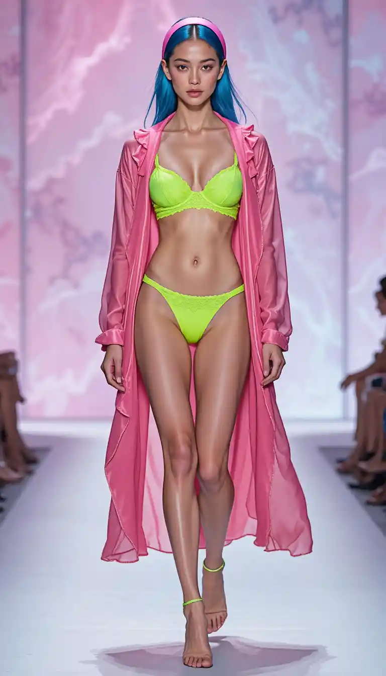 Young model in neon lingerie walking barefoot on runway
