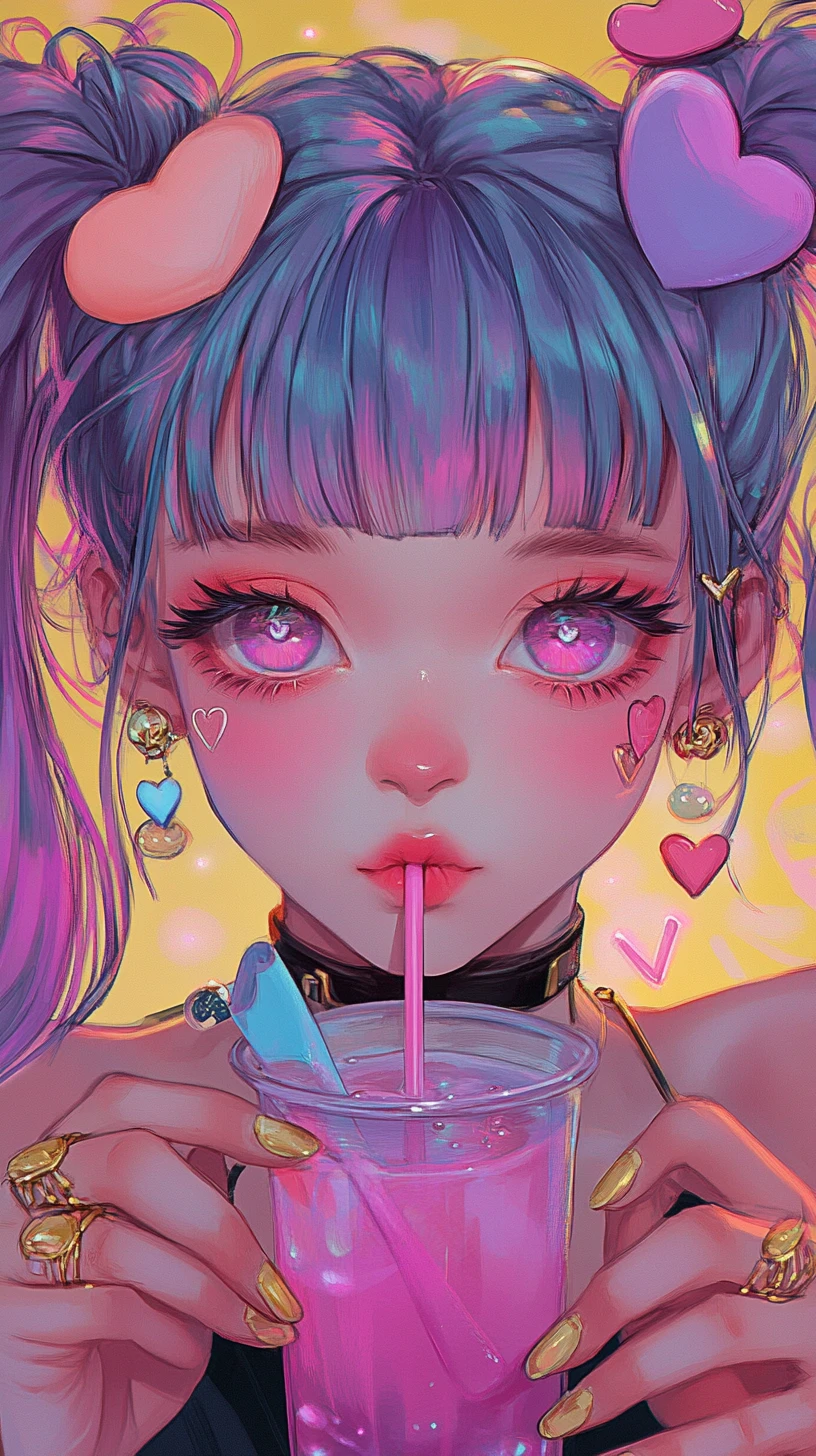 Kawaii anime girl sipping bubble tea in pastel tones