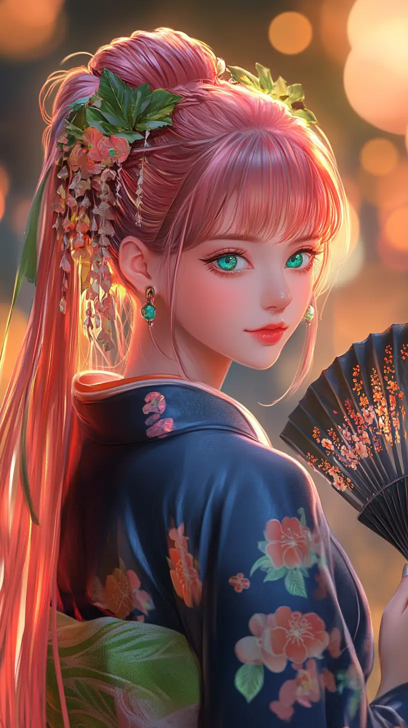 Anime girl in floral kimono with fan under glowing lights