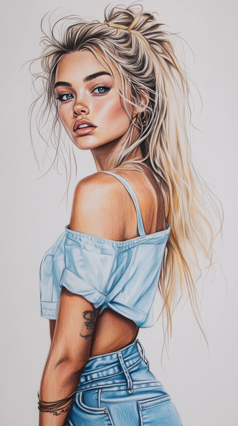 Tall athletic blonde woman in colored pencil illustration