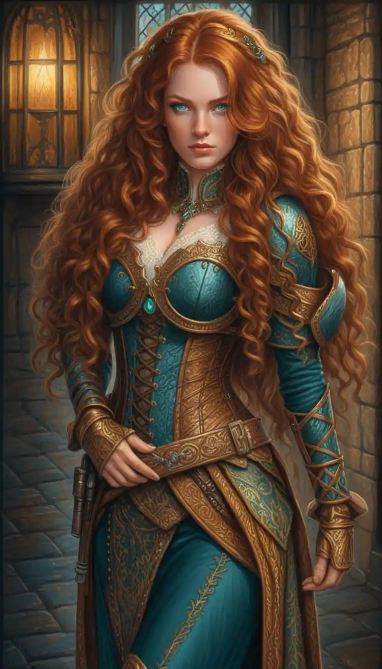 Guerriera fantasy in una strada medievale illuminata da lanterne