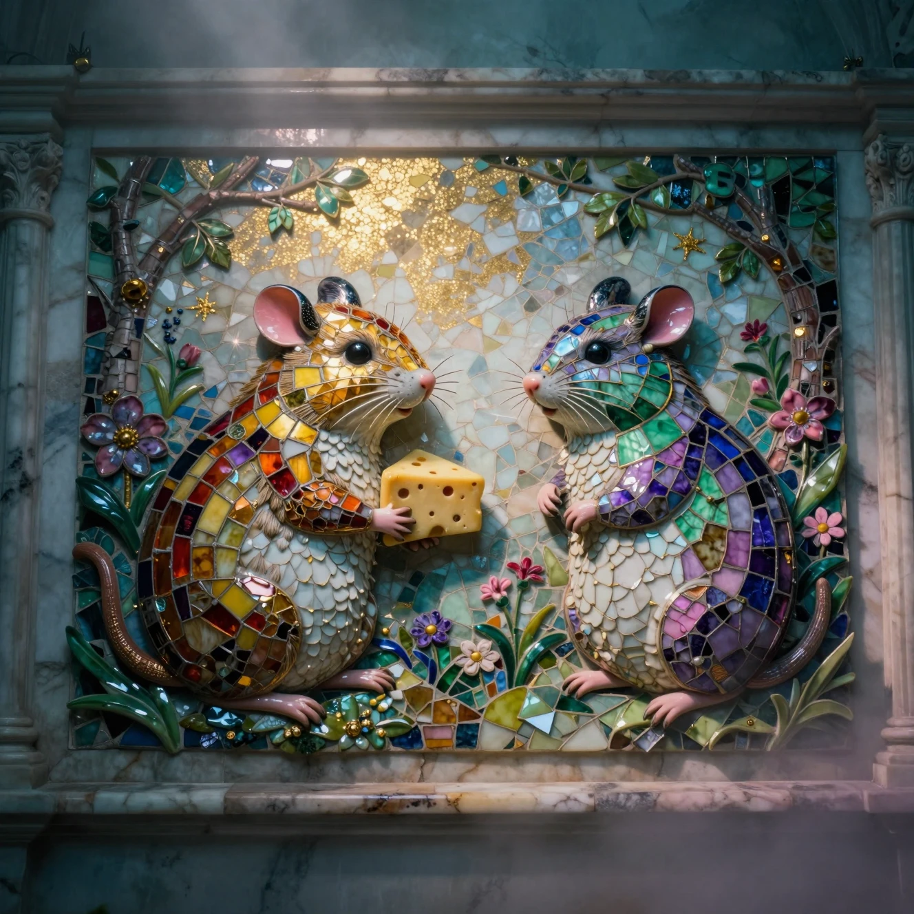 Surreal Mosaic Mice With Cheese On Antique Garden Wall