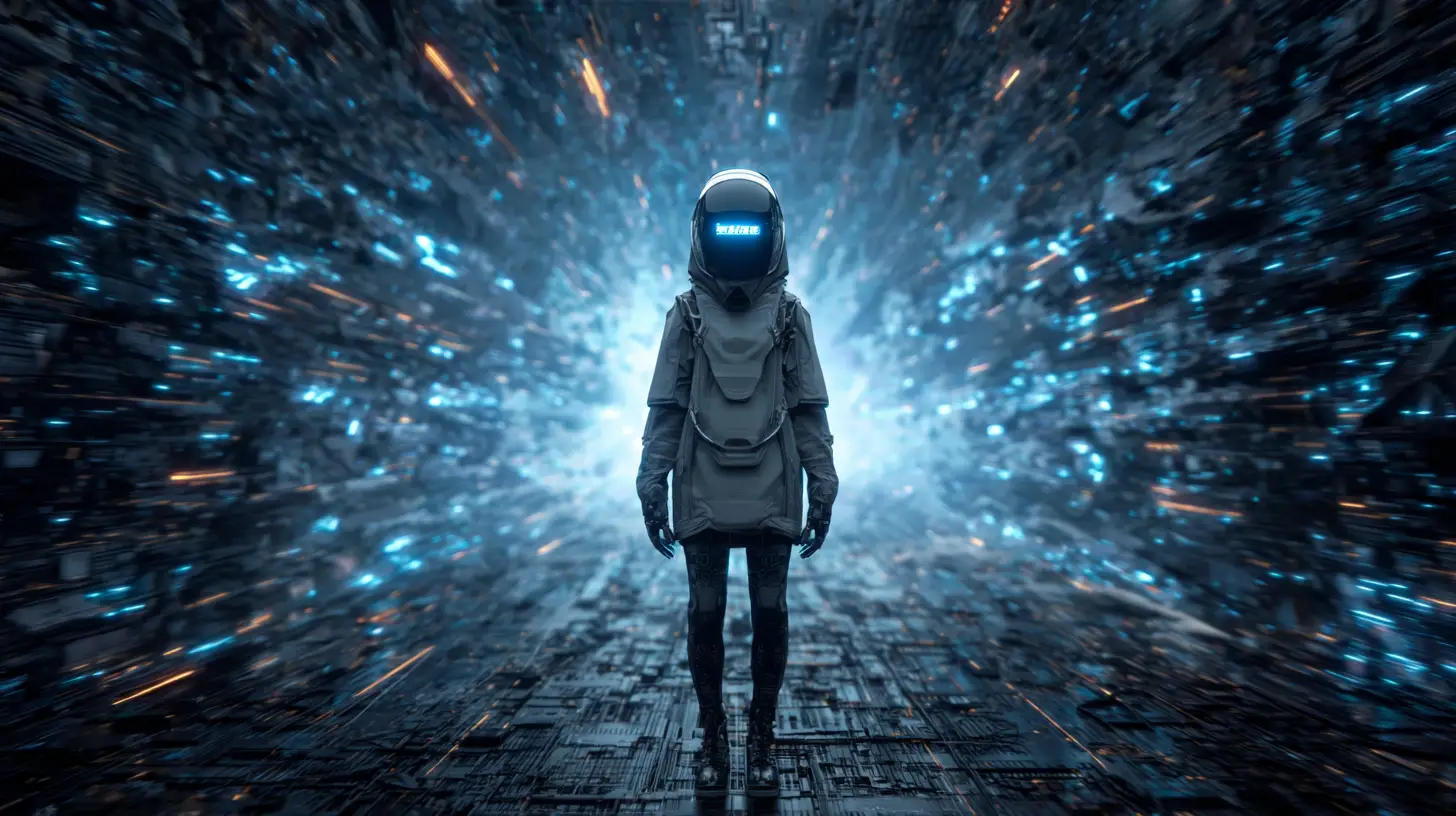 Homem futurista em armadura preta em paisagem apocalíptica