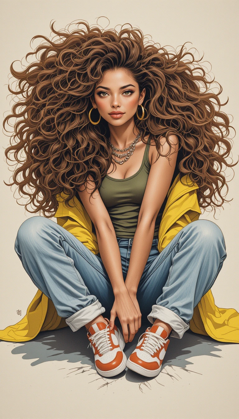 Confident young woman seated in casual streetwear illustration