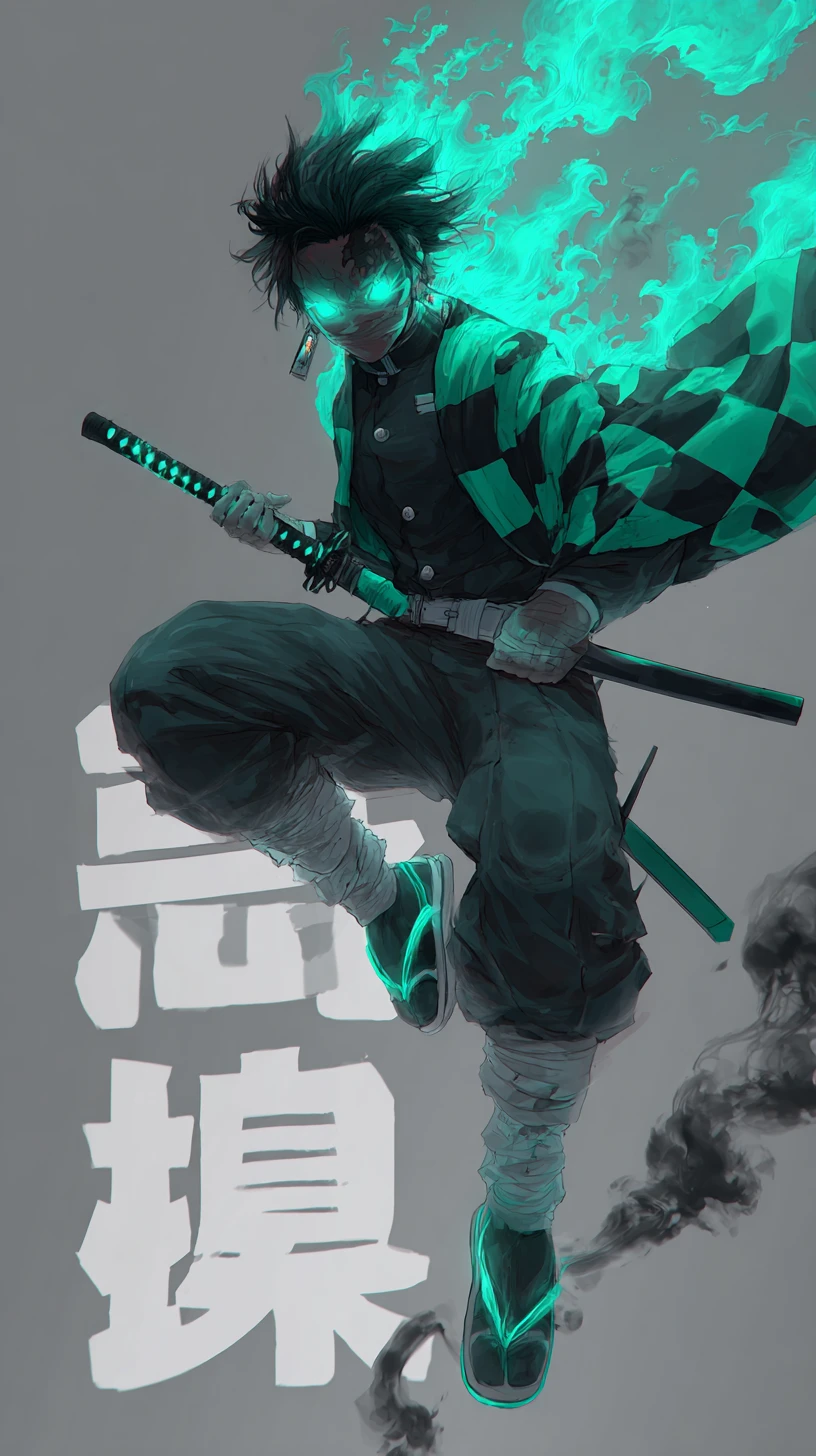 Cyberpunk warrior leaping forward with neon green energy