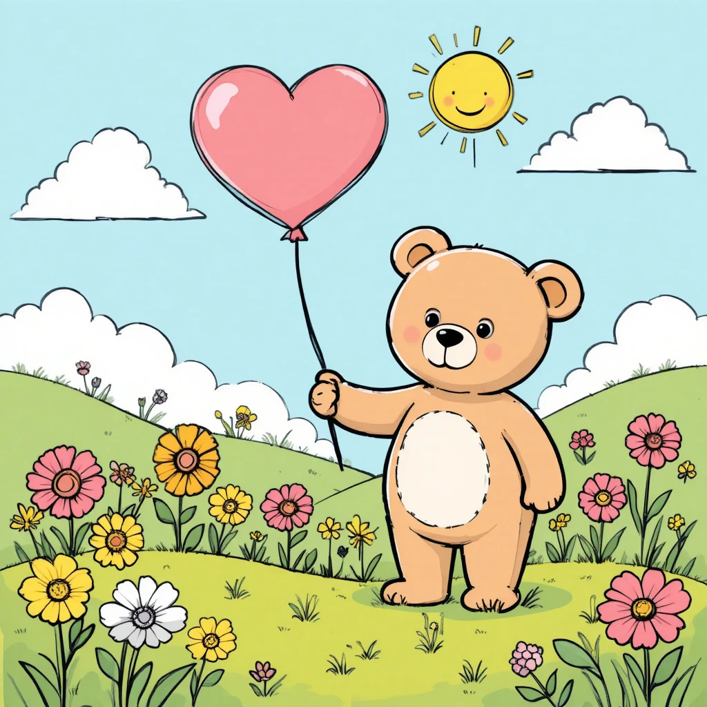 Cheerful teddy bear with balloon in a sunny meadow