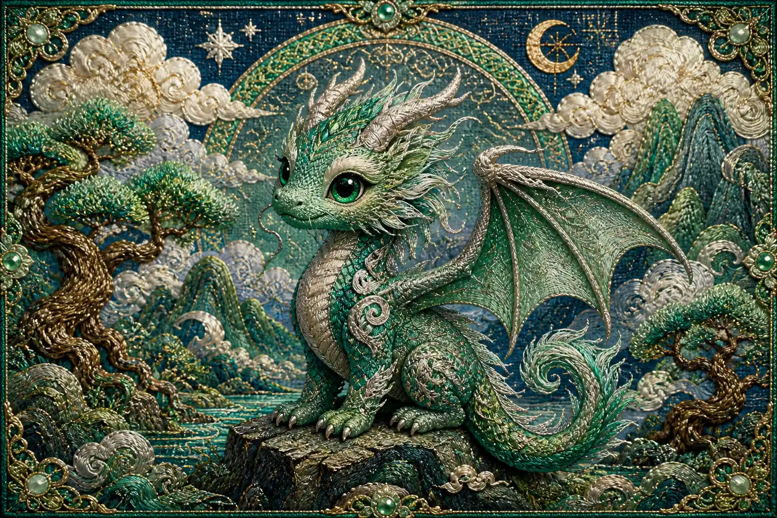 Colorful embroidered chibi dragon in a fantasy tapestry scene