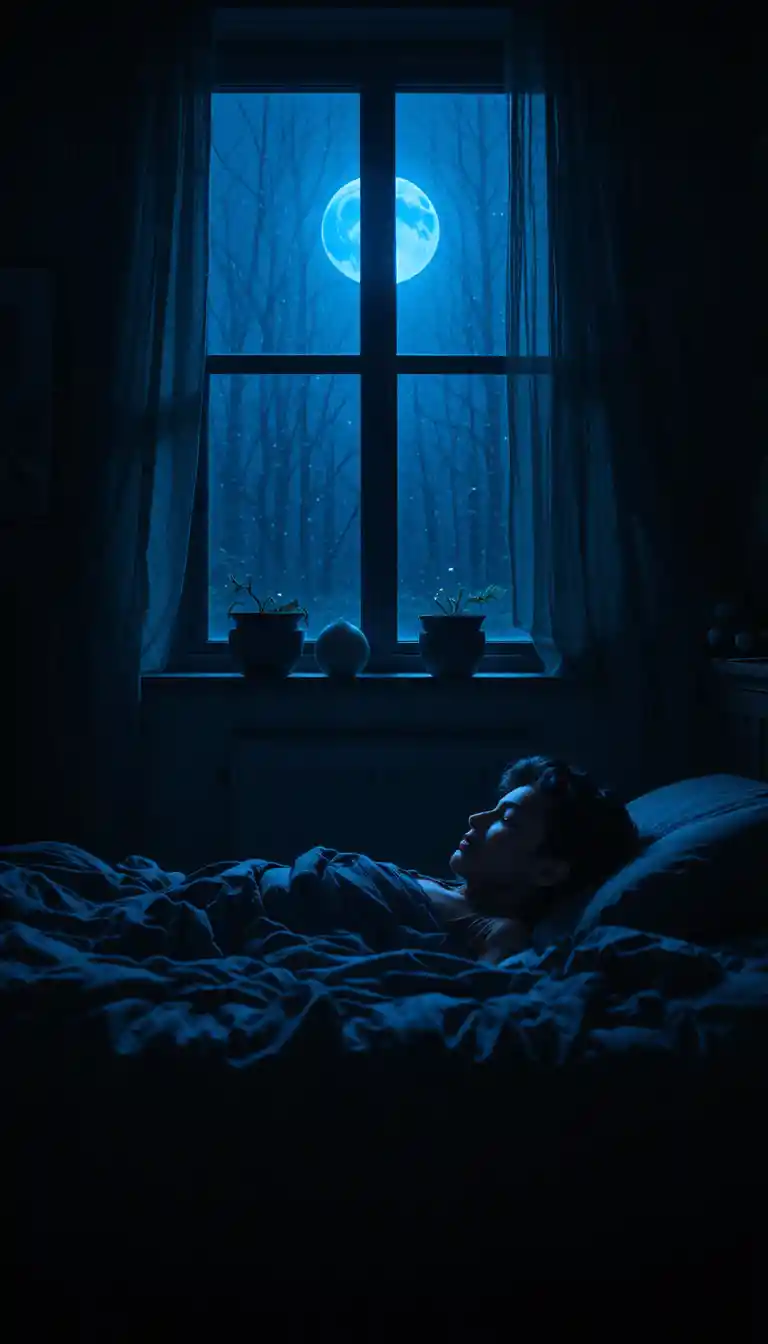 Young boy sleeping in moonlit bedroom with eerie shadows
