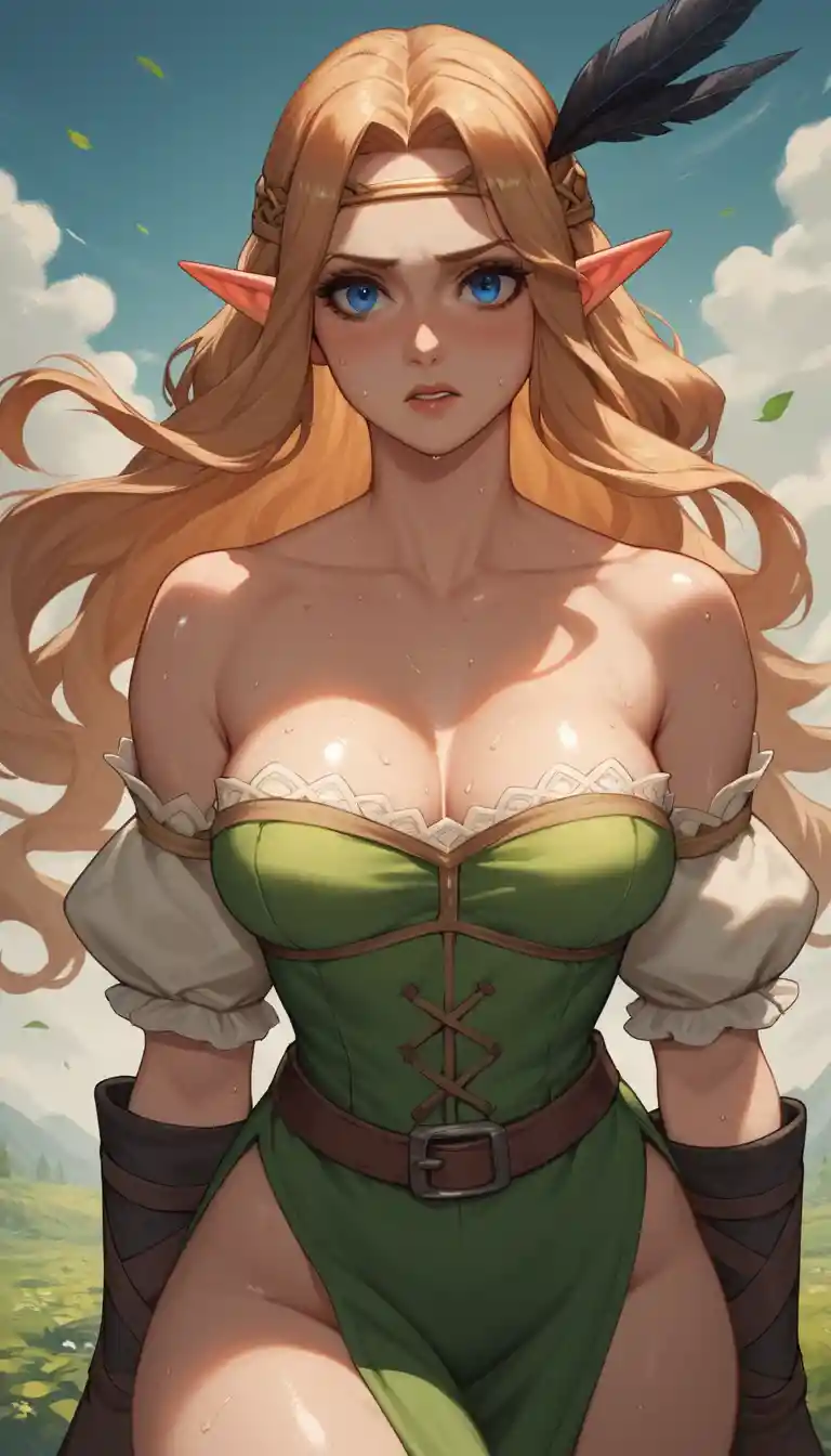 Anime elf archer woman in a tense close up scene