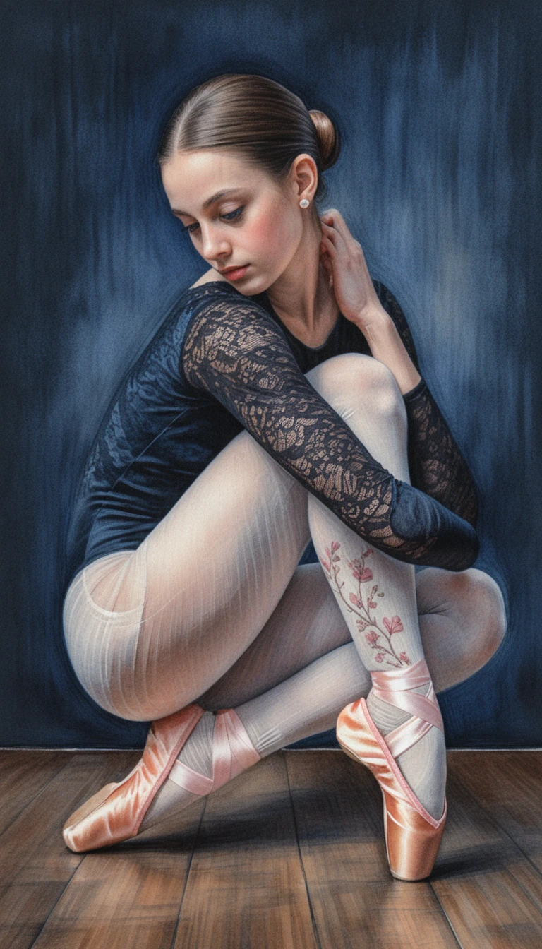 Ballerina crouched on wooden floor in dramatic chiaroscuro