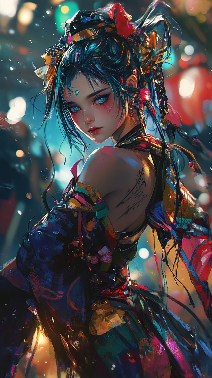 Dark anime warrior princess dancing on a shadowed stage