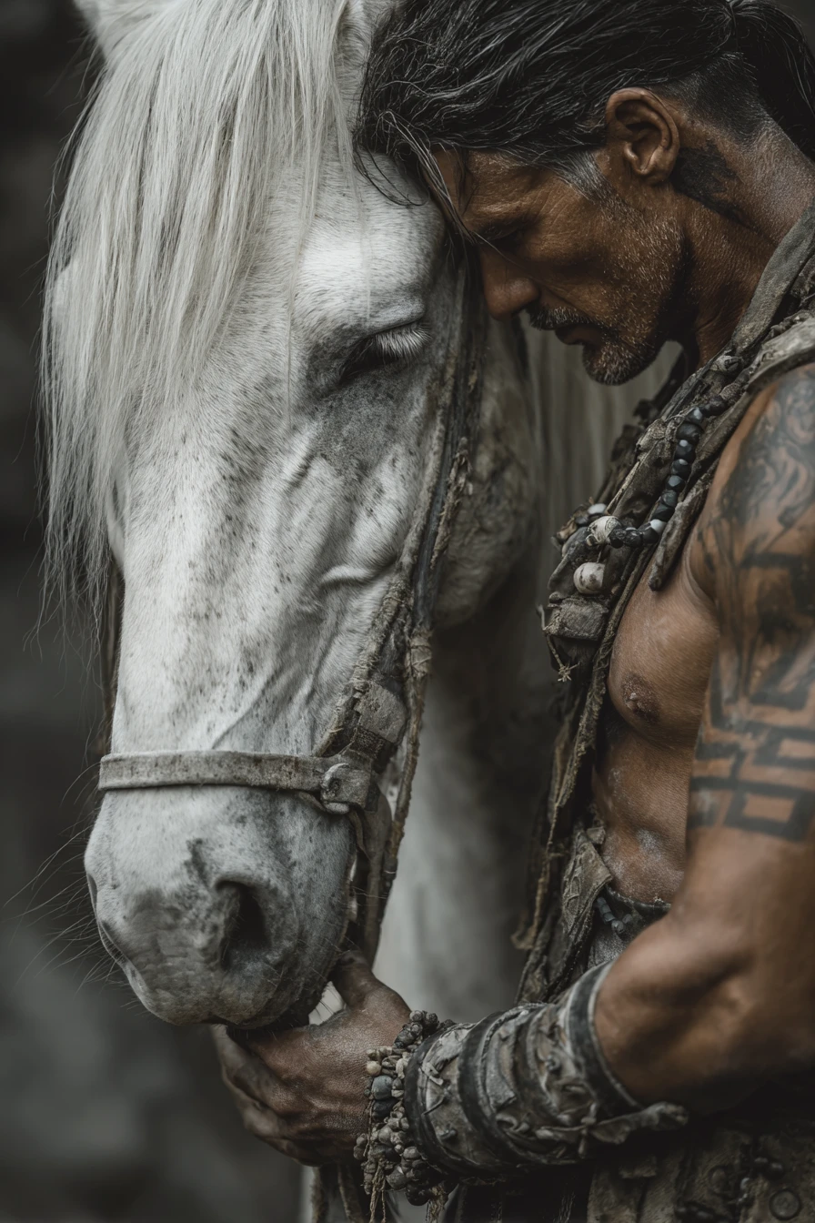 Warrior in stillness with a loyal white stallion