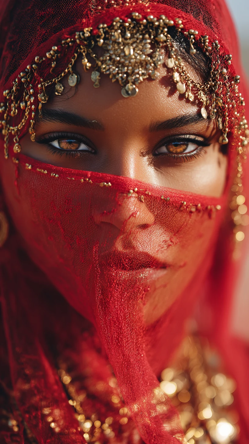 Mysterious Indian Woman Behind Red Veil With Gold Jewelry