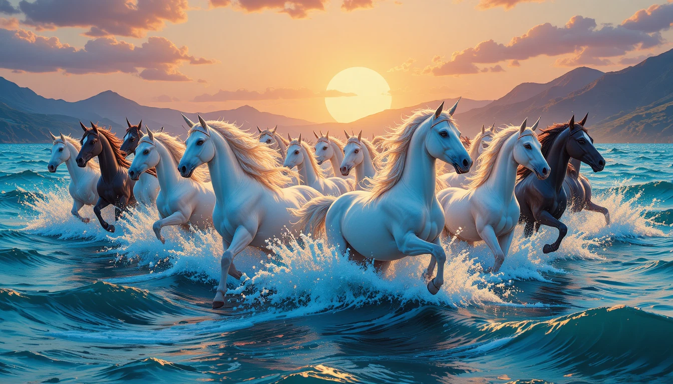 Unicorn herd galloping through glowing ocean at sunset