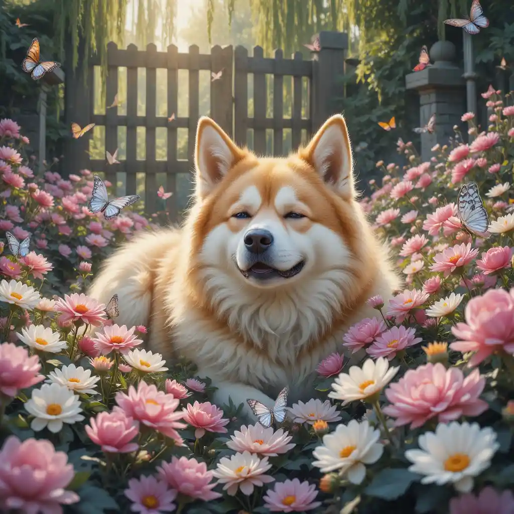 Fluffy Dog Napping In A Flower Garden With Butterflies
