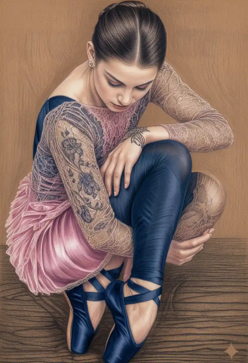 Young ballerina in lace leotard crouched on wooden floor