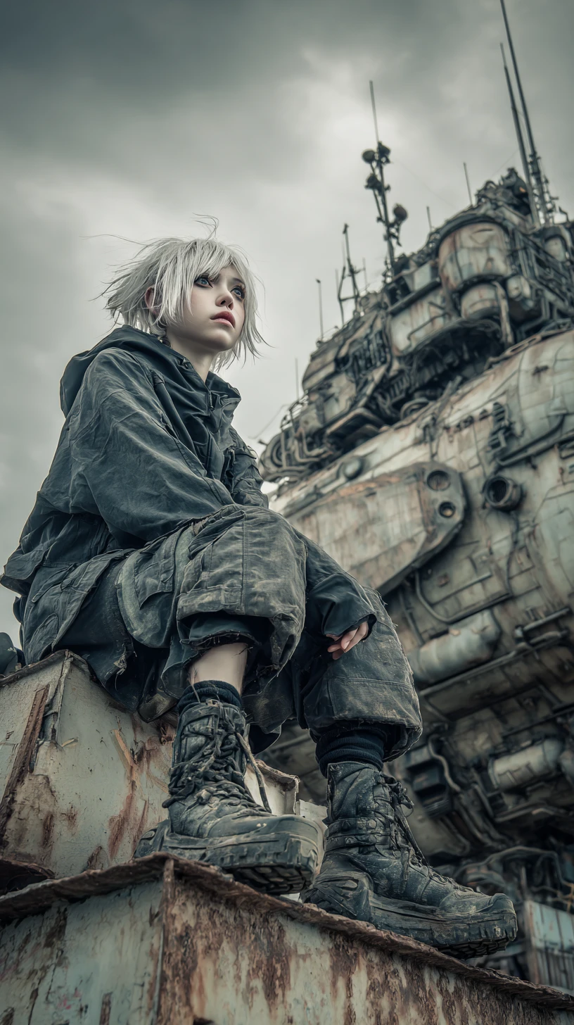 Anime girl on ruined ledge under looming industrial airship