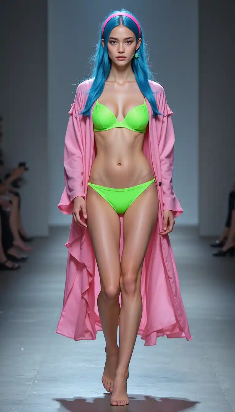 Young model in neon lingerie on summer runway stage